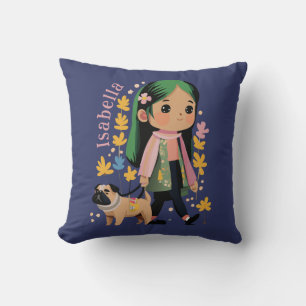Personalisierte Girl Walking mit Mops Kissen