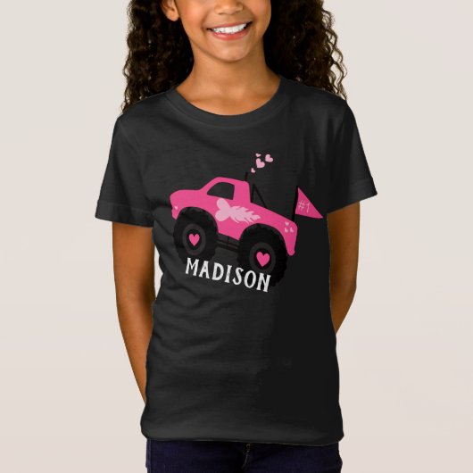 Personalisierte Girls Niedlich Rosa Monster Truck T-Shirt (Vorderseite)
