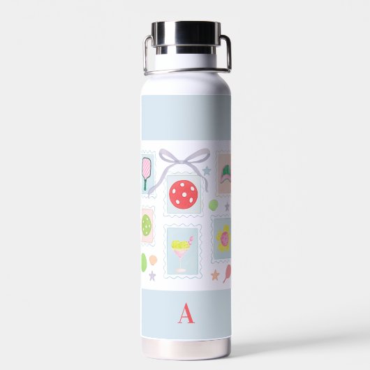 Personalisierte Girly-Pickleball-Briefmarke Trinkflasche (Rückseite)
