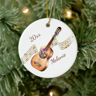Personalisierte Gitarre und blumengeschmückte Weih Keramik Ornament