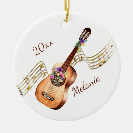 Personalisierte Gitarre und blumengeschmückte Weih Keramik Ornament (Vorne)