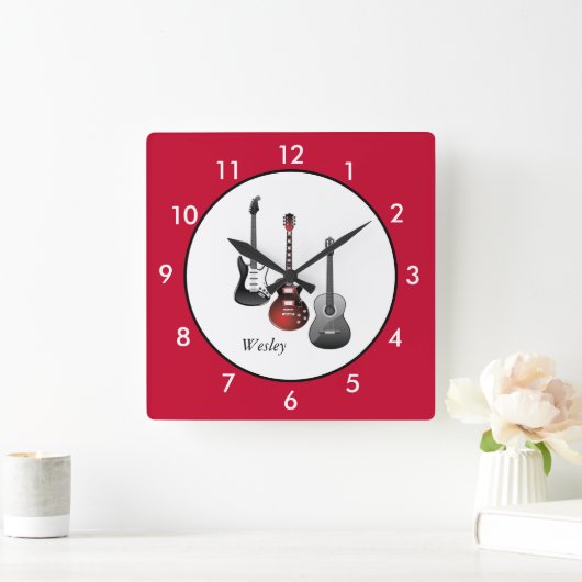 Personalisierte Gitarren Red Quadratische Wanduhr (Zuhause)