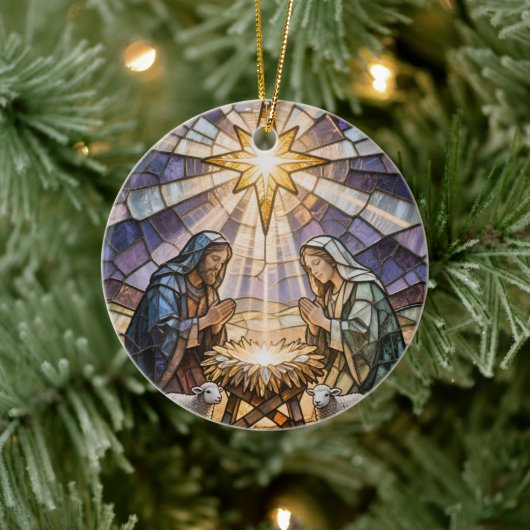 Personalisierte Glasmalerei-Weihnachtskrippe Keramik Ornament (Baum)