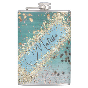 Personalisierte Glitzer Gold Stars auf Aquamarin Flachmann