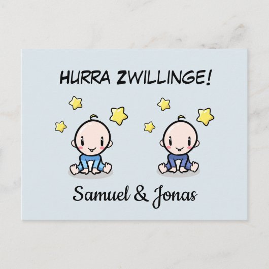 Personalisierte Glückwünsche zur Geburt Zwillinge, Postkarte (Vorderseite)