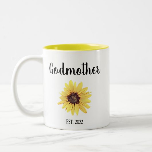 Personalisierte Godmutter Est. Farbige Sonnenblume Zweifarbige Tasse (Links)