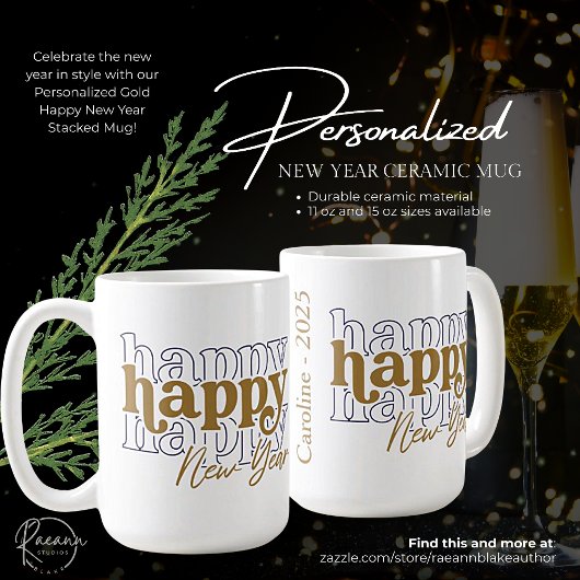 Personalisierte Gold Happy New Year gestapelte Tas Kaffeetasse