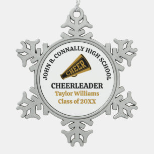 Personalisierte Gold-Schwarze High School Cheerlea Schneeflocken Zinn-Ornament
