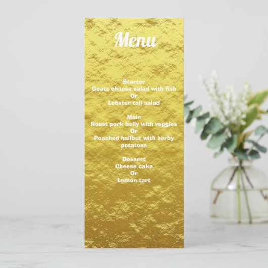 Personalisierte Gold Wedding Dinner Menü Karte (Stehend Vorderseite)