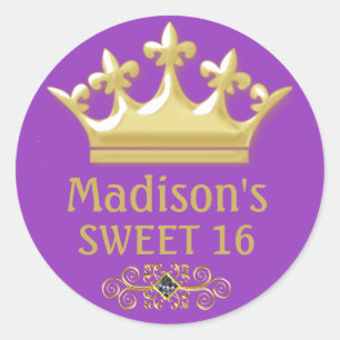 Personalisierte Golddruckkronen auf Lila Süß 16 Runder Aufkleber