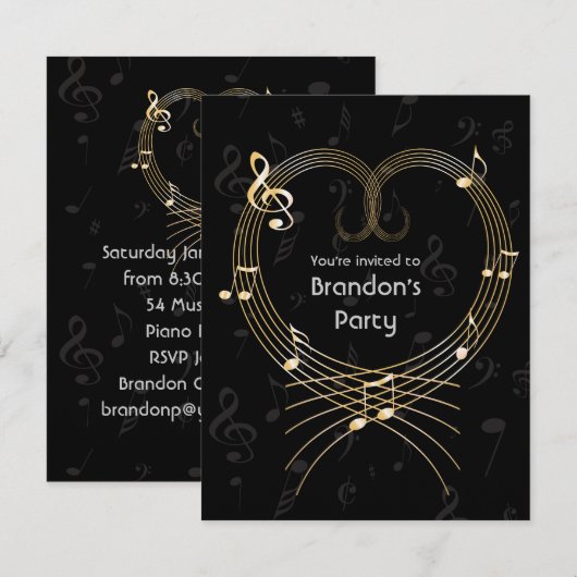 Personalisierte Golden Heart Musical Notes Geburts Einladung (Vorne/Hinten)