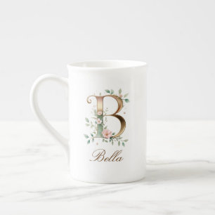 Personalisierte goldene Blumenmonogramm Initiale B Porzellantasse