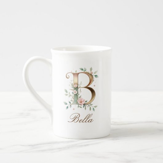 Personalisierte goldene Blumenmonogramm Initiale B Porzellantasse (Links)