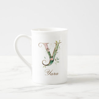 Personalisierte goldene Blumenmonogramm-Initiale Y Porzellantasse