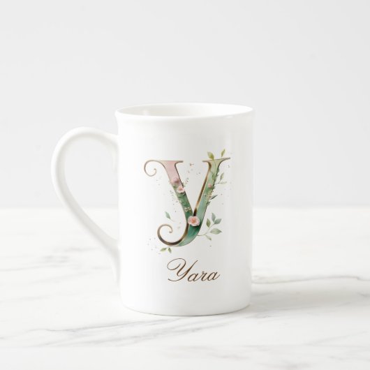 Personalisierte goldene Blumenmonogramm-Initiale Y Porzellantasse (Links)