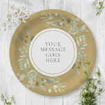 Personalisierte Goldene Grüne Feier Pappteller<br><div class="desc">Diese schicke botanische Papiertafel mit zarten,  weichen Aquarellfarben-Blätter auf goldenem Hintergrund kann mit Ihrem besonderen Set in elegantem Text personalisiert werden. Ideal für Hochzeiten,  Brautpartys,  Babyduschen,  Taufe,  Verlobungsfeiern,  Jubiläumsfeiern und Geburtstagsfeiern. Entwickelt von Thisisnotme©</div>