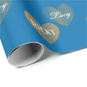 Personalisierte Goldene Herzen, Französisch Blau Geschenkpapier (Rolleneckpunkt)