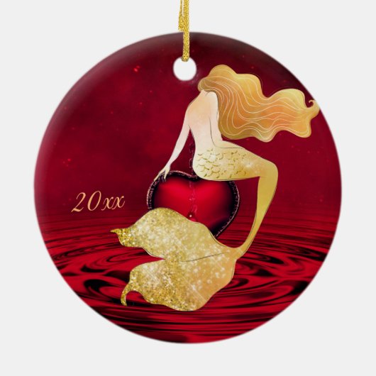 Personalisierte Goldene Meerjungfrau mit rotem Her Keramik Ornament (Hinten)