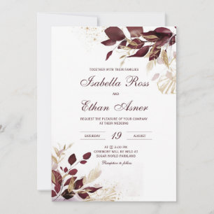 Personalisierte goldene und burgunderrote Hochzeit Einladung