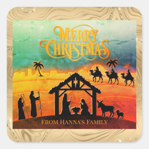 Personalisierte Goldkrippe "Frohe Weihnachten" Quadratischer Aufkleber