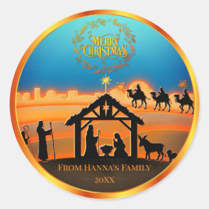 Personalisierte Goldkrippe "Frohe Weihnachten" Runder Aufkleber