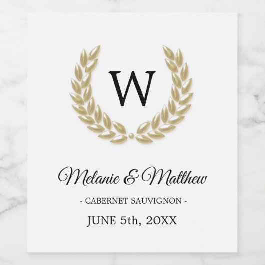 Personalisierte Goldlaurel Monogram-Hochzeit Weinetikett (Einzelnes Label)