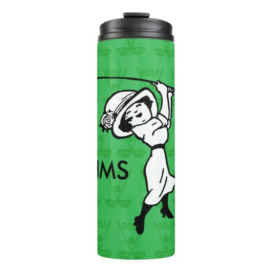 Personalisierte Golfspielerin Cartoon Thermosbecher (Vorderseite)