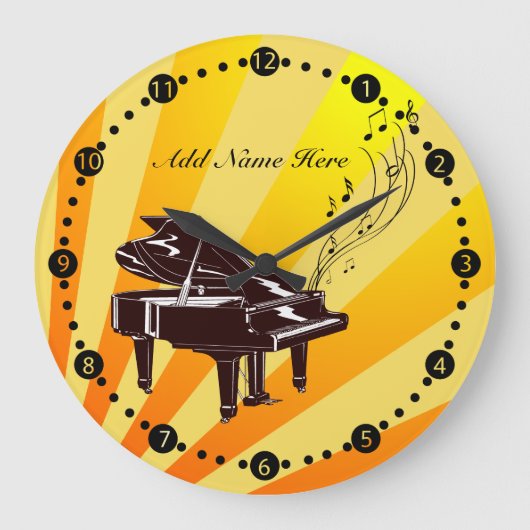Personalisierte Grand Piano-Noten Gelb und Gold Große Wanduhr (Vorderseite)