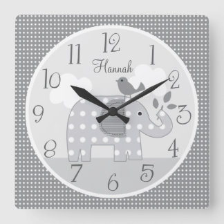 Personalisierte Graue Dot Elephant Kinderzimmer Ba Quadratische Wanduhr