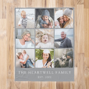 Personalisierte graue Fotocollage Familie 9 Fleecedecke