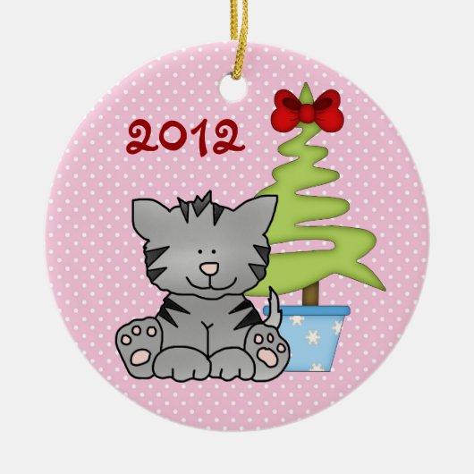 Personalisierte graue Katze auf Pink Baby's 1. Wei Keramik Ornament (Vorne)