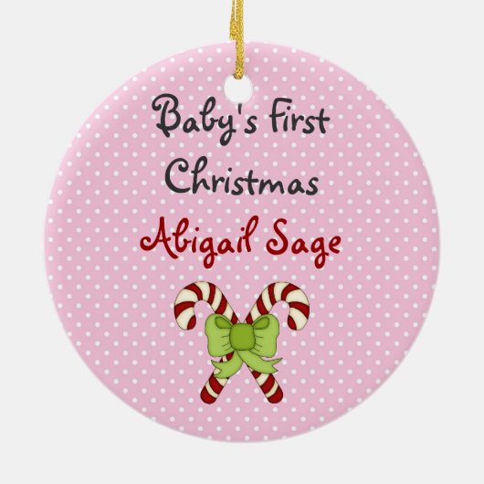 Personalisierte graue Katze auf Pink Baby's 1. Wei Keramik Ornament (Hinten)