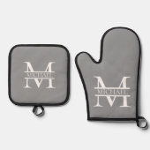 Personalisierte Graue Monogramm und Name Ofenhandschuh & Topflappen-Set (Vorderseite)
