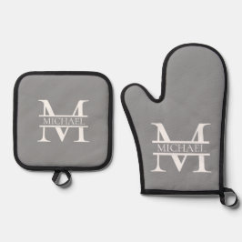 Personalisierte Graue Monogramm und Name Ofenhandschuh & Topflappen-Set