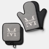 Personalisierte Graue Monogramm und Name Ofenhandschuh & Topflappen-Set (Vorderseite/Rückseite)