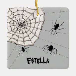 Personalisierte graue Spinnen Halloween Keramikornament