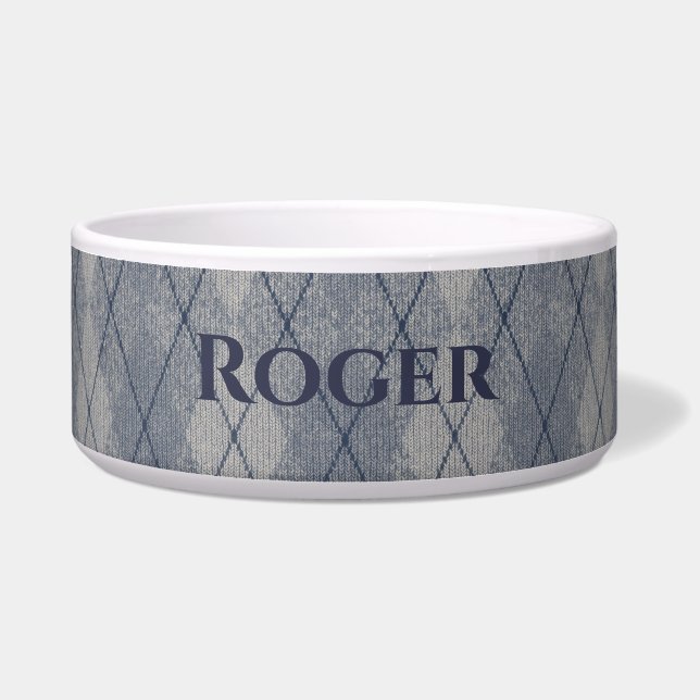 Personalisierte graue und blaue Argyle-Optik-Hunde Napf (Vorderseite)
