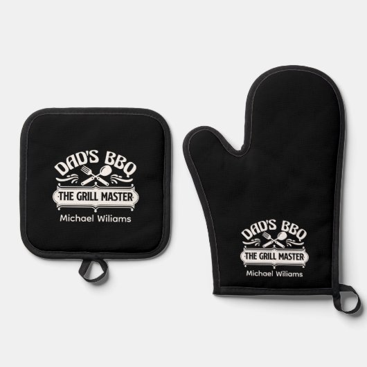 Personalisierte GRILLEN Vater aus Schwarz und Weiß Ofenhandschuh & Topflappen-Set (Vorderseite)