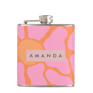 Personalisierte Groovy Orange und Pink Retro Blume Flachmann