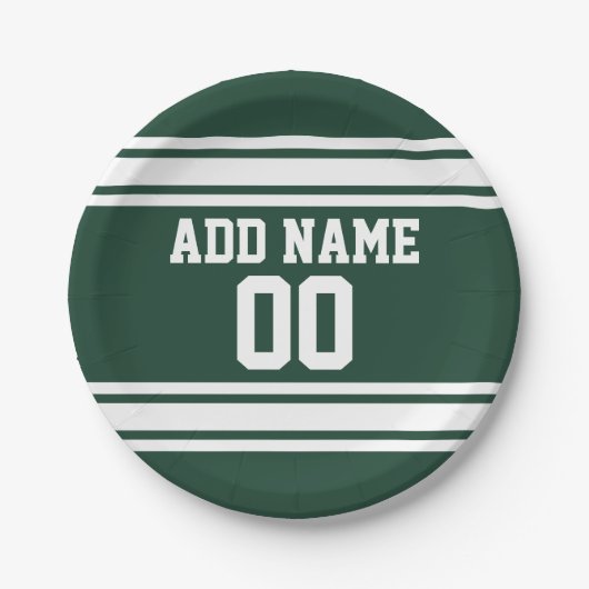 Personalisierte, grün und weiß gestreifte SportJer Pappteller (Vorderseite)