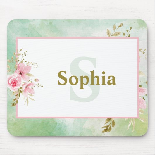 Personalisierte grüne Blüte mit Name und Monogramm Mousepad (Vorne)