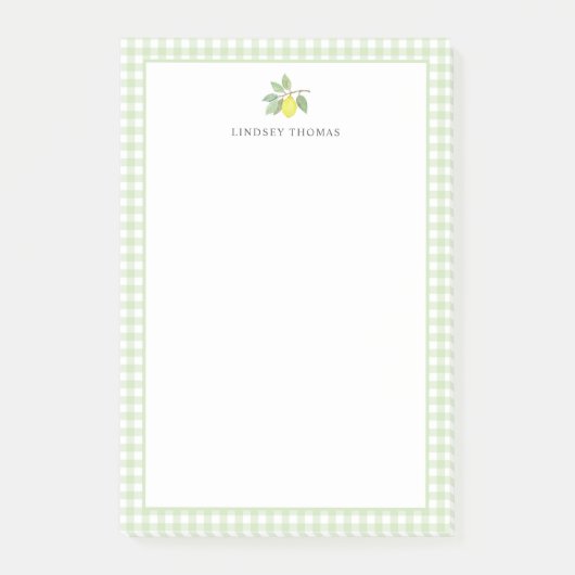 Personalisierte grüne Gingham-Rahmen mit Zitrone Post-it Klebezettel (Vorderseite)