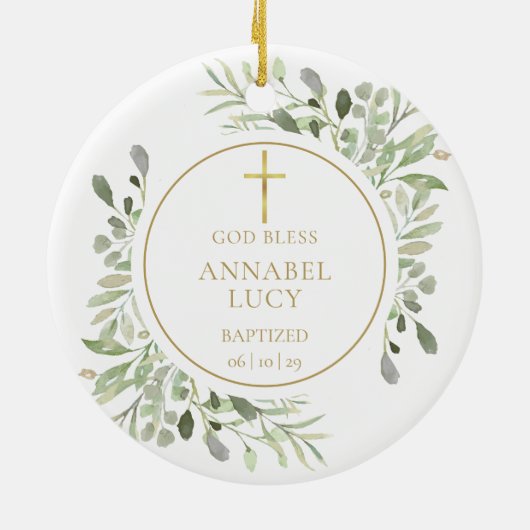 Personalisierte Grüne Goldene Taufe oder Girl Keramik Ornament (Hinten)