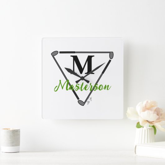 Personalisierte grüne Monogramm/Name Einzigartige Quadratische Wanduhr (Zuhause)