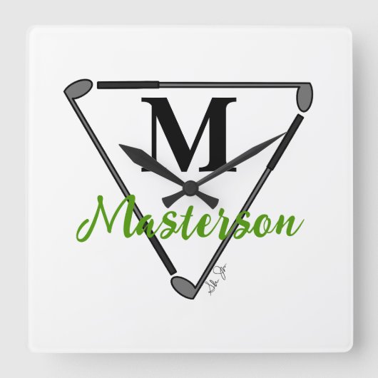 Personalisierte grüne Monogramm/Name Einzigartige Quadratische Wanduhr (Vorderseite)