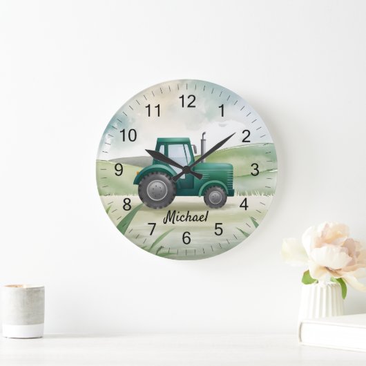 Personalisierte Grüne Traktorfarm Wasserfarbe Kind Große Wanduhr (Zuhause)