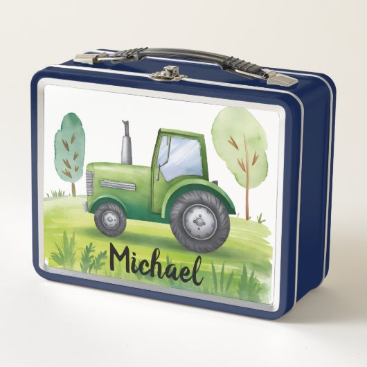 Personalisierte Grüne Traktorfarm Wasserfarbe Kind Metall Brotdose (Vorderseite)