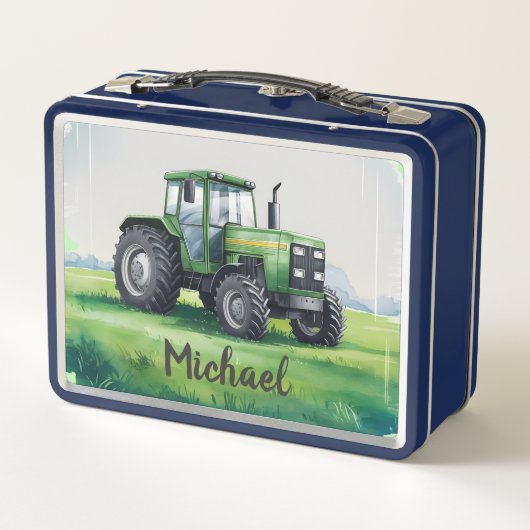 Personalisierte Grüne Traktorfarm Wasserfarbe Kind Metall Brotdose (Rückseite)