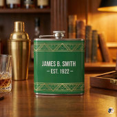 Personalisierte grüne und goldene Art Deco benutze Flachmann