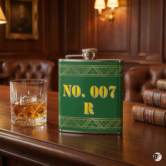 Personalisierte grüne und goldene Art Deco benutze Flachmann